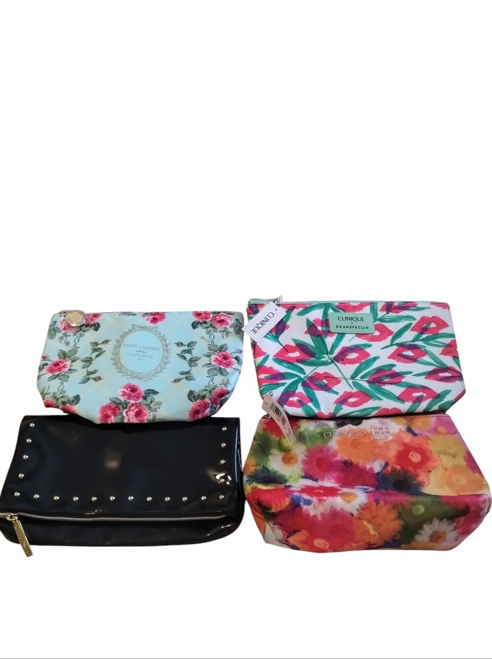 NWT Clinique & Estee Lauder Pink & Green Floral Cosmetic Bag Set Of 4